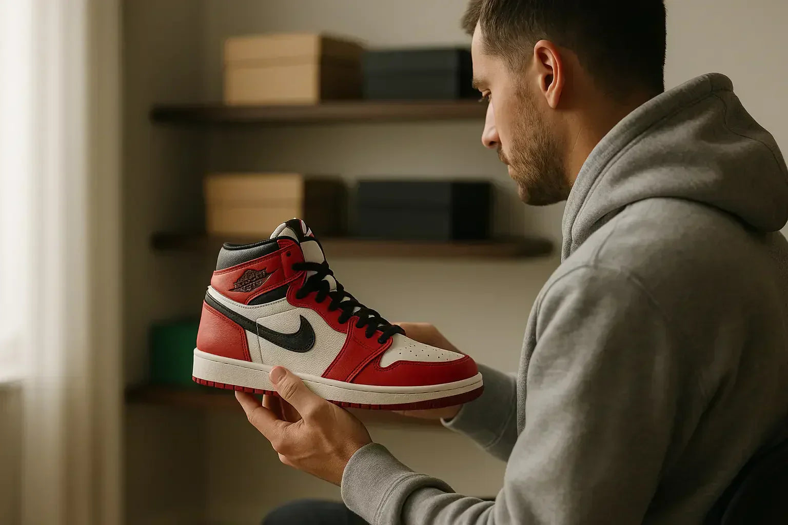 homme en train de regarder une chaussure achetée sur StockX