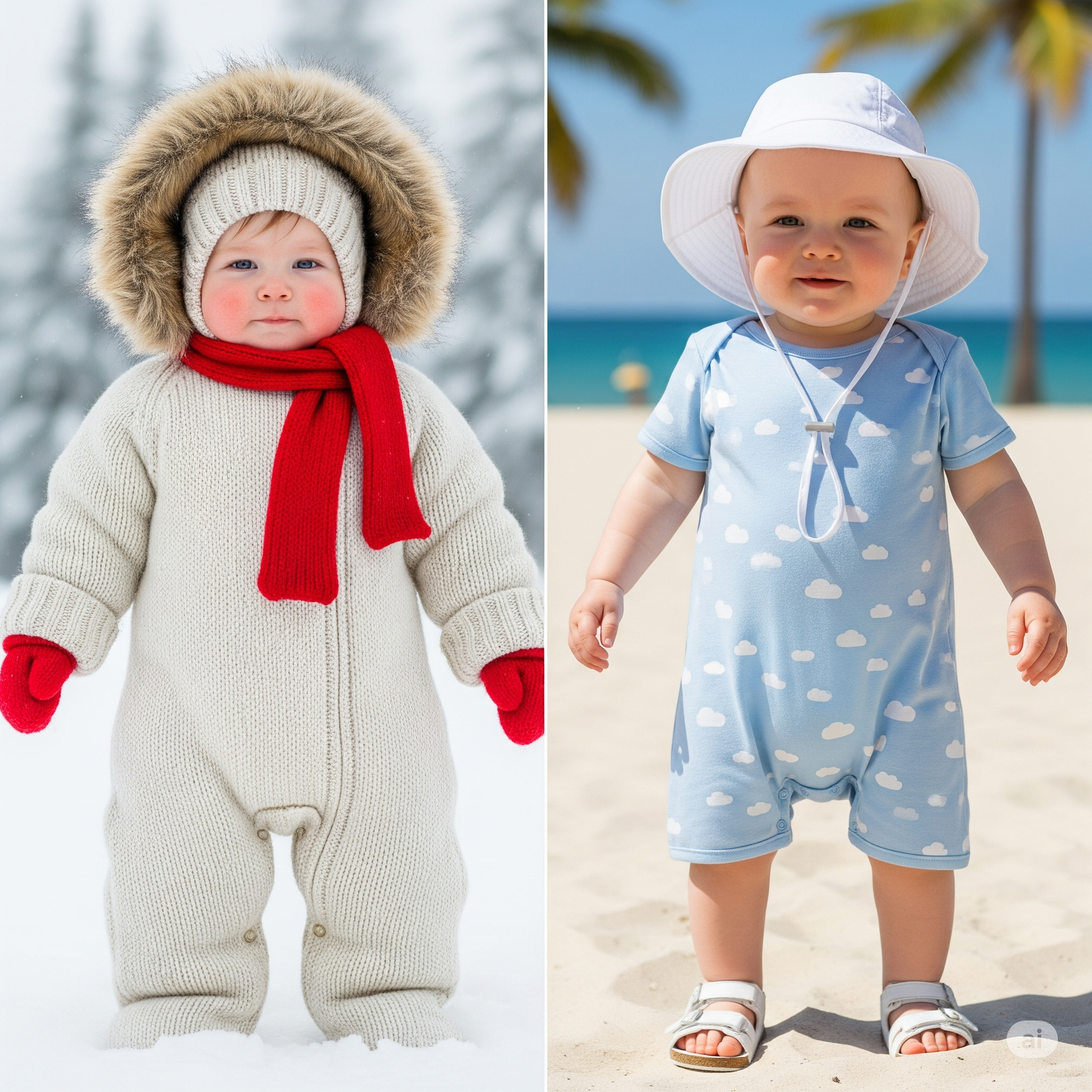 Image montrant comment habiller un bébé en fonction de la température. À gauche, un bébé est emmitouflé dans une combinaison en tricot pour l'hiver. À droite, le même bébé porte un body léger et un chapeau de soleil sur une plage en été.