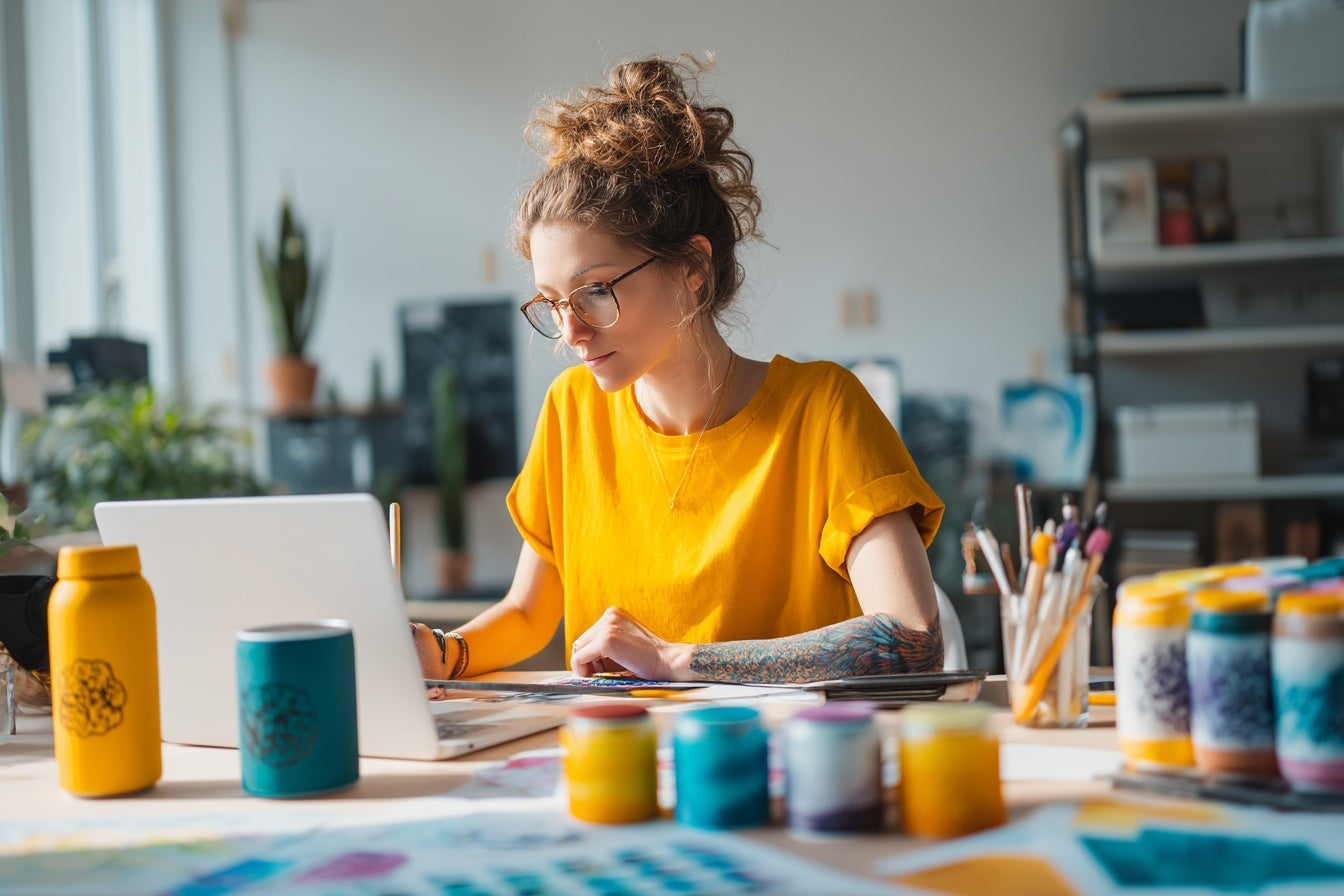 Femme en train de taper sur son ordinateur " Le print on demand c'est quoi ?"