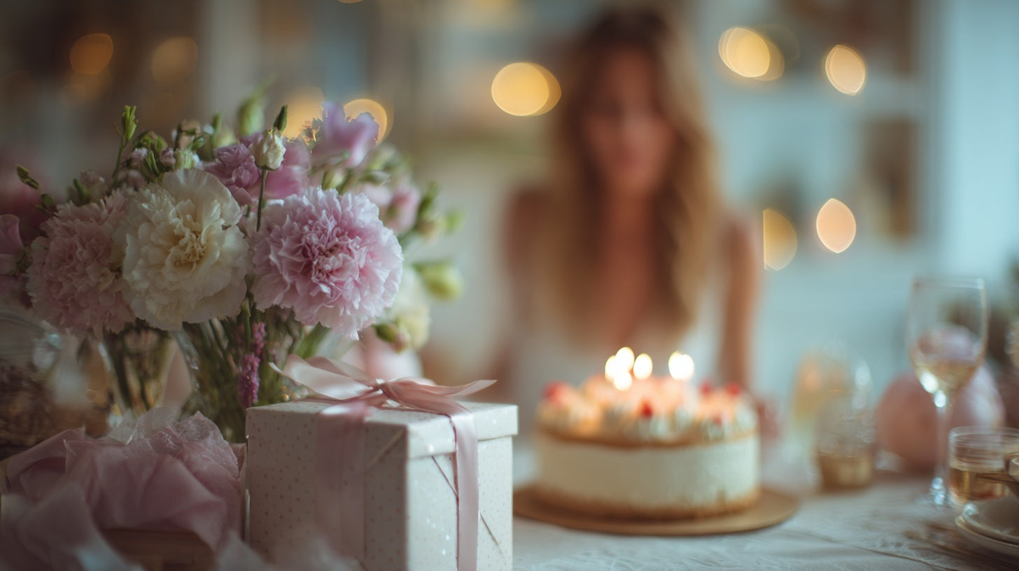 Table décorée pour un anniversaire de femme avec bouquet de fleurs roses et blanches, cadeau emballé avec ruban, gâteau d’anniversaire aux bougies allumées, femme floue en arrière-plan, ambiance élégante et chaleureuse.