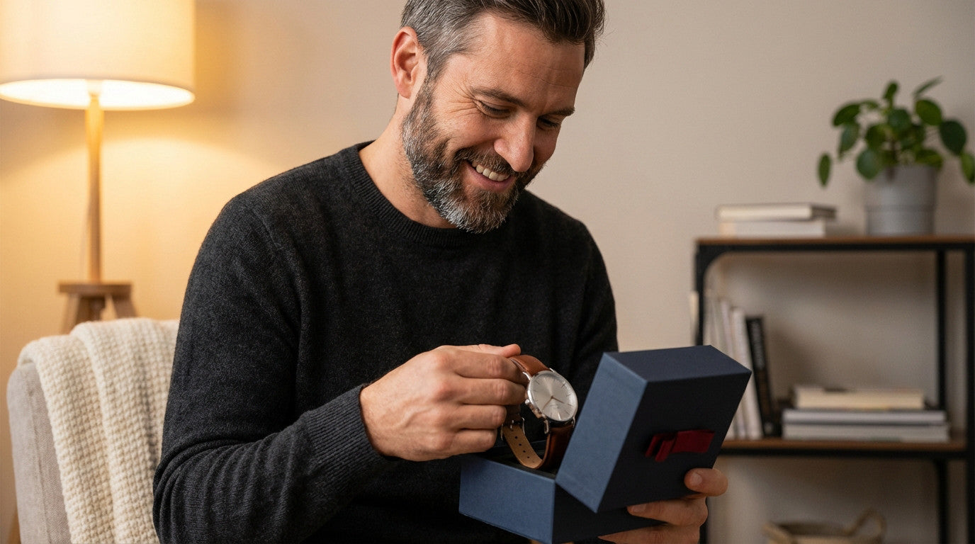 homme qu ireçoit une montre pour la St valentin
