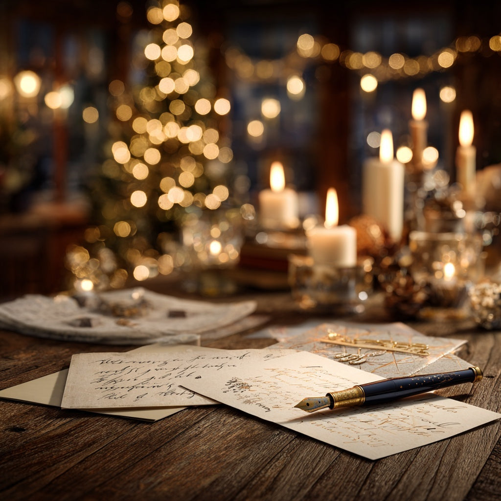 Cartes de vœux de Noël manuscrites posées sur une table en bois avec un stylo, bougies allumées et sapin décoré en arrière-plan