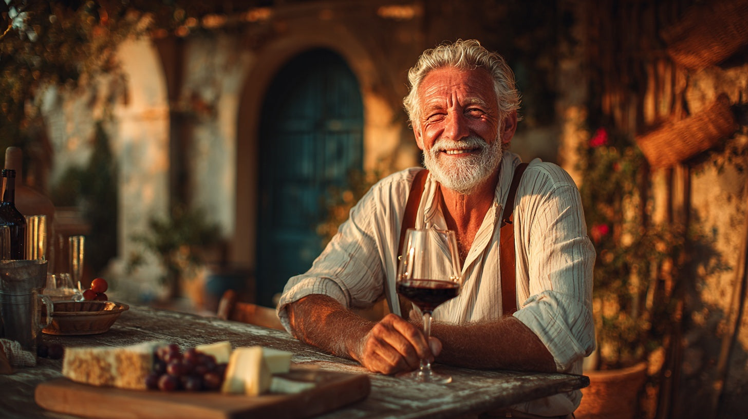 Grand-père élégant savourant un verre de vin à table avec fromage et raisin – idée cadeau raffinée pour papy gourmet et amateur de plaisirs simples