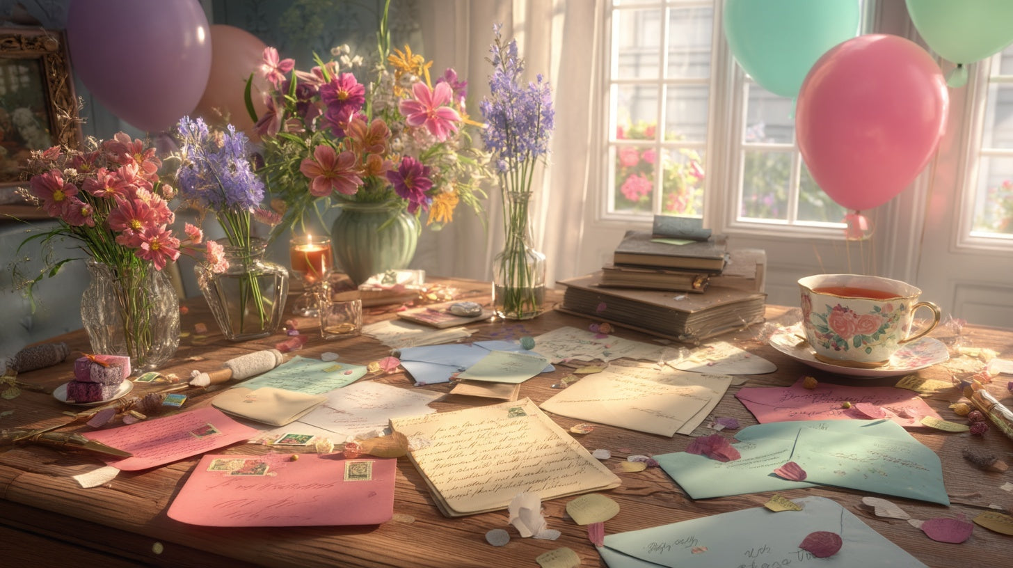 Cartes d’anniversaire et pétales sur table, lumière douce.