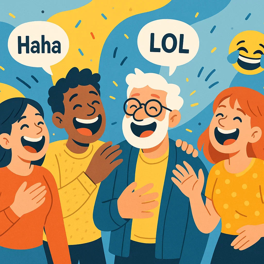 Groupe d’amis qui rient ensemble en partageant des blagues courtes, illustration colorée et joyeuse représentant l’humour et la bonne humeur en 2025.
