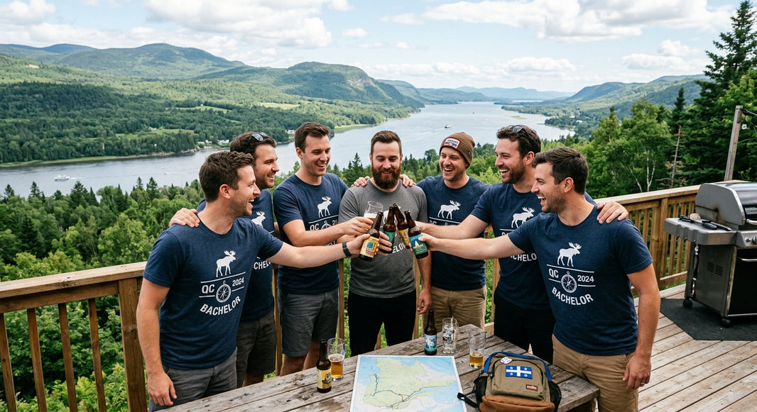 Groupe d'amis en t-shirts d'équipe assortis lors d'un enterrement de vie de garçon au Québec