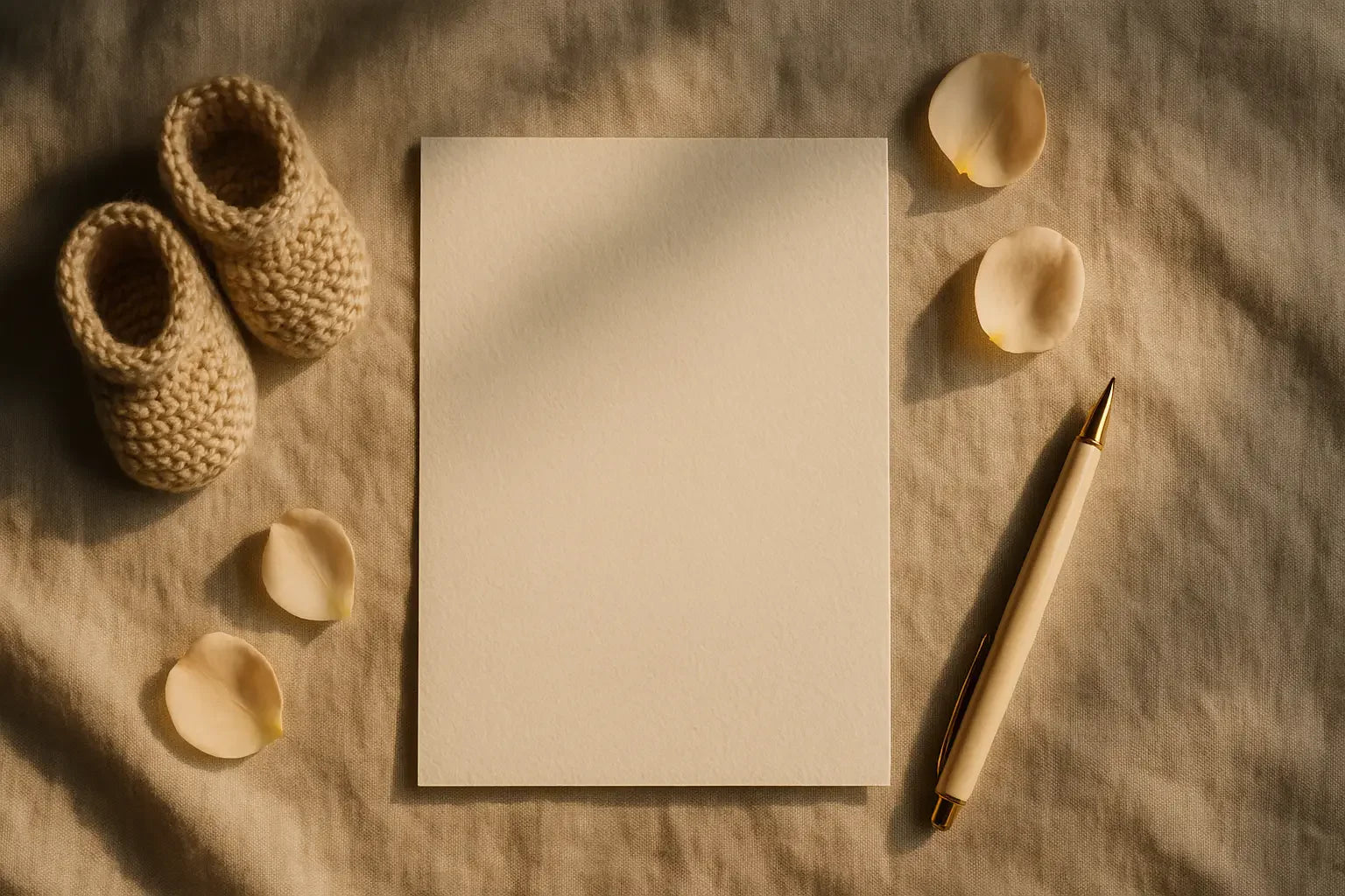 feuille de papier posée sur un tissu avec un stylo et des chaussons de bébé
