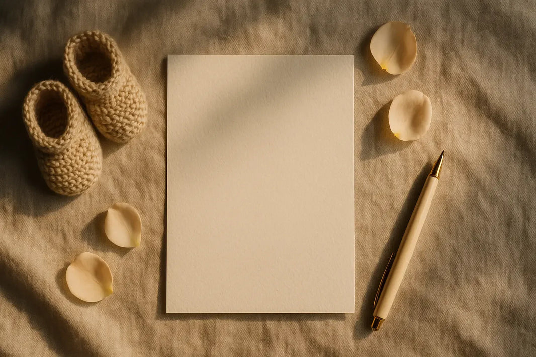 feuille de papier posée sur un tissu avec un stylo et des chaussons de bébé