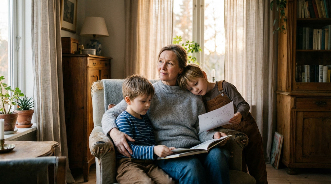 femme avec deux enfants dans son salon
