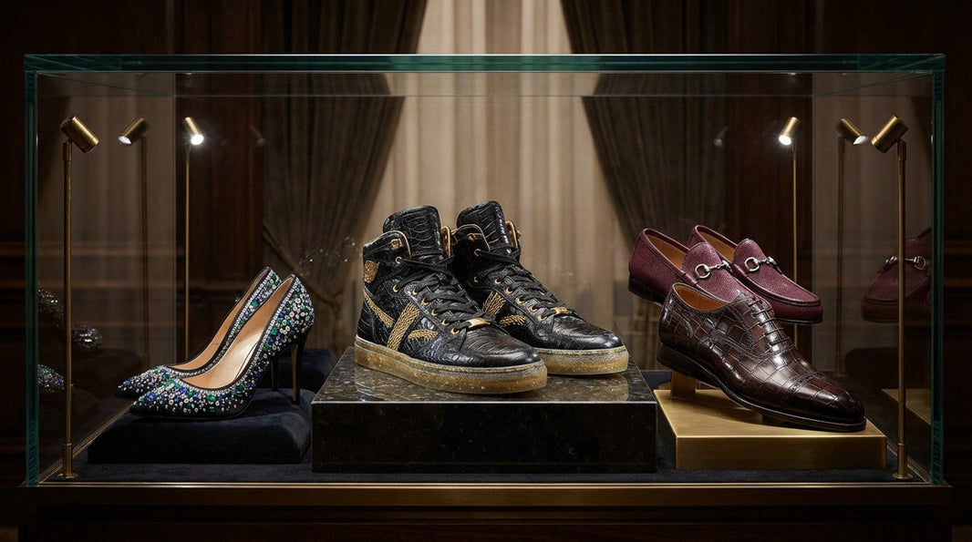chaussures de luxe présentées dans une vitrine