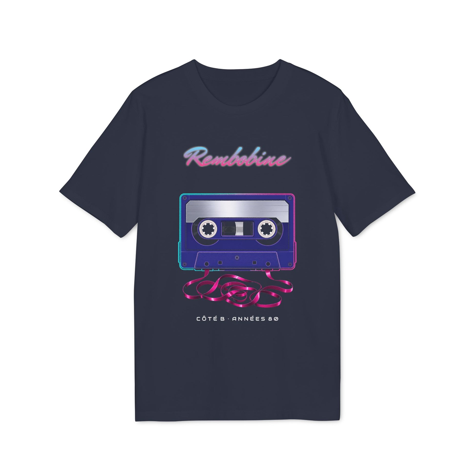 T-shirt rétro Rembobine – cassette années 80 — coloris bleu marine