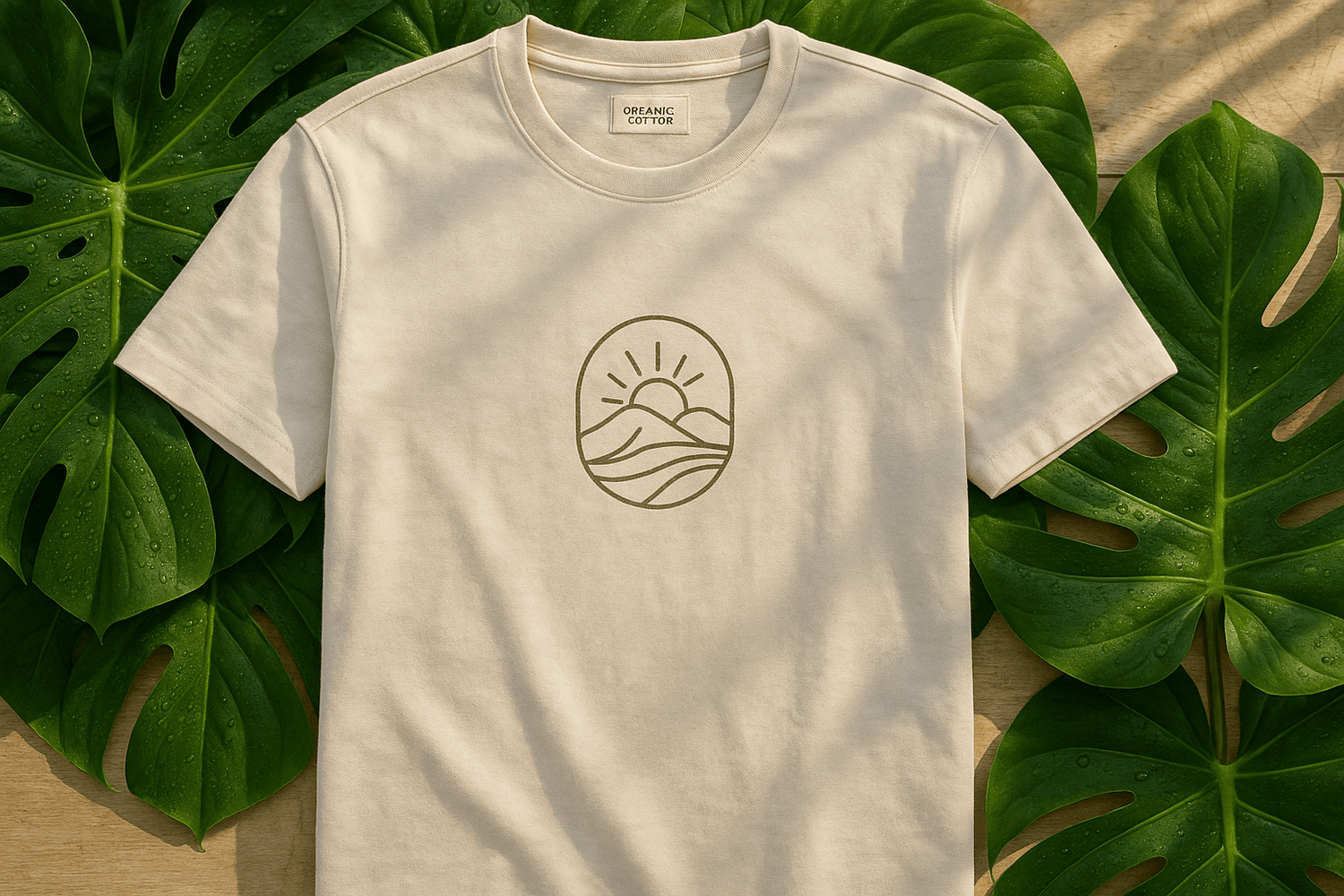 Photorealistic product shot of a high-quality, eco-friendly t-shirt made from organic cotton. The t-shirt is neatly laid flat on a background of lush, dewy monstera leaves and light-colored recycled wood. Soft, natural morning sunlight highlights the fine, detailed texture of the fabric. The t-shirt has a simple, minimalist nature-inspired graphic. Clean, serene, and premium aesthetic.