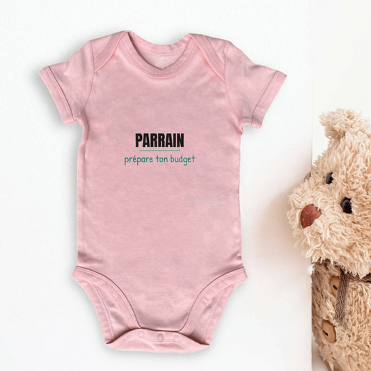Body bébé parrain « Prépare ton budget » en coton bio rose
