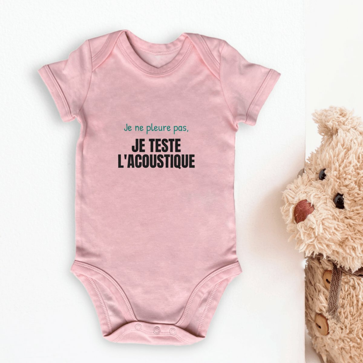 Body bébé drôle « Je teste l'acoustique » en coton bio rose